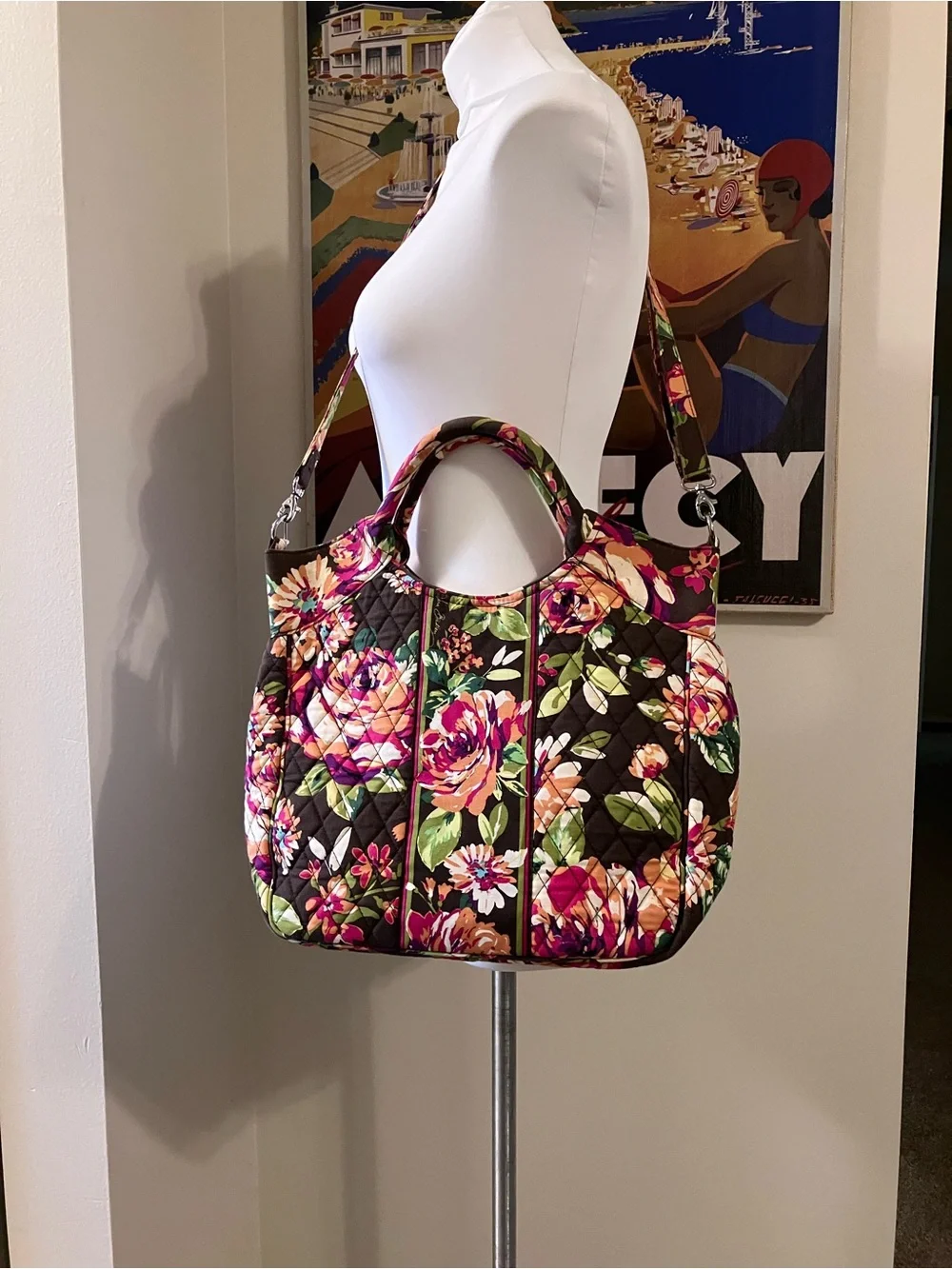 Vera Bradley English Rose Large Quilted Satchel Top Handle Two Way Tote w/Strap